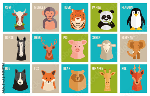 Vector icons of animals and pets in flat style
