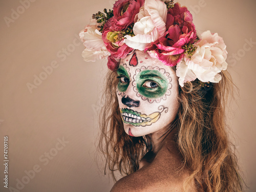 Portrait of woman with scary halloween makeup.