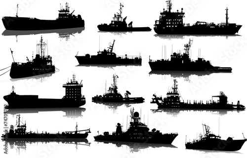 Vector set of 12 silhouettes of sea towboat and the ships