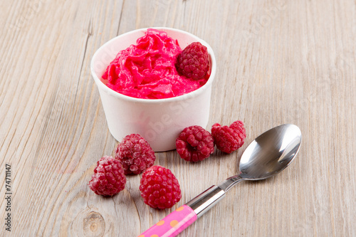 Frozen creamy ice yoghurt  with whole raspberries photo