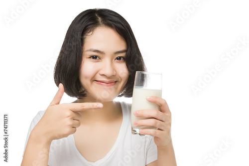 Cute healthy woman holding glass of milk isolated on white backg