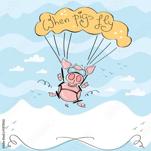 Vector of cute pig flying with parachute over the mountains