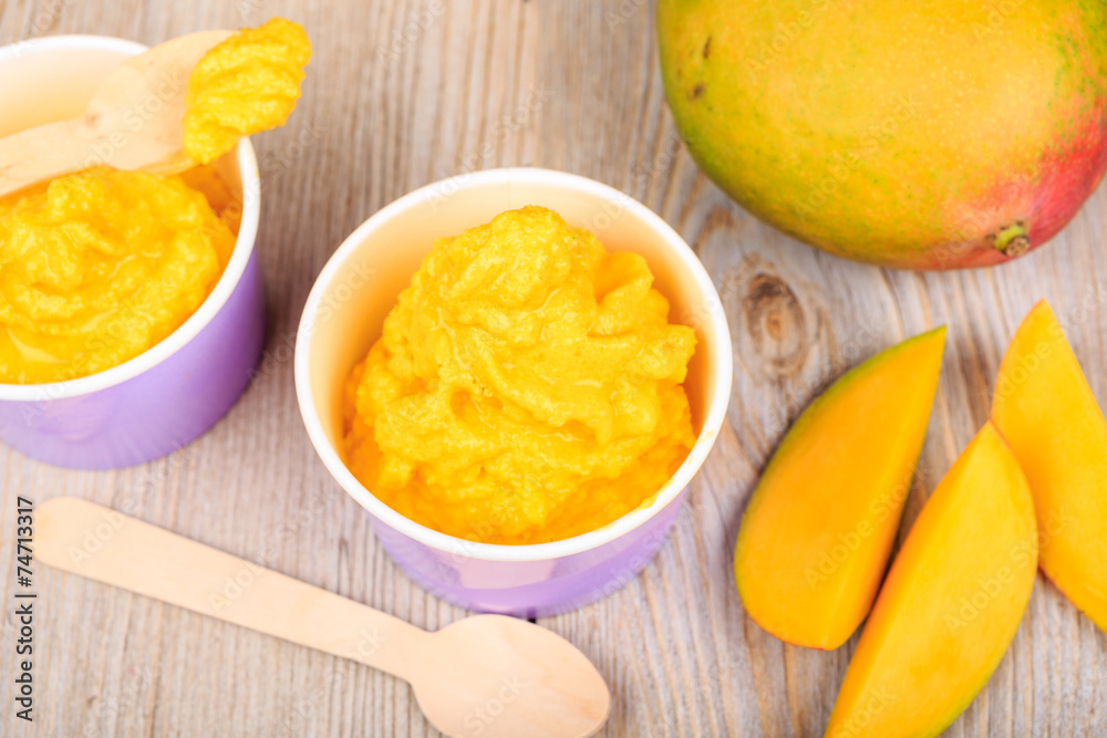 Frozen creamy ice yoghurt with fresh mango Frozen creamy ice yoghurt with fresh mango