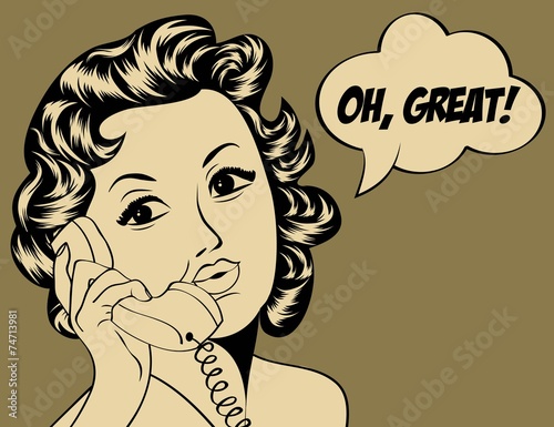 cute retro woman in comics style with message