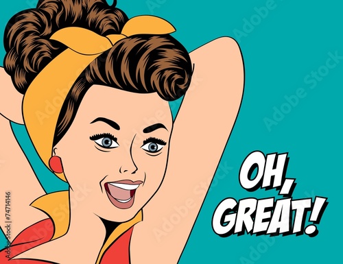 cute retro woman in comics style with message