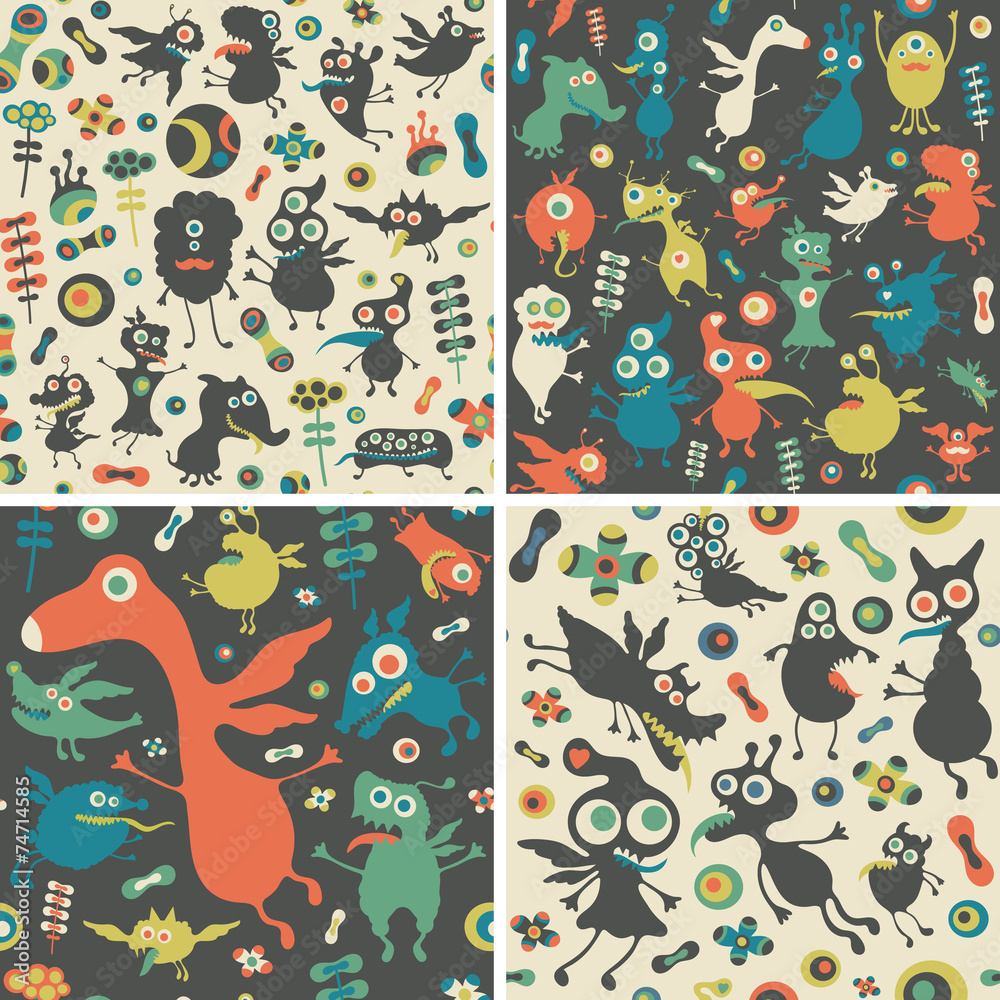 Set of seamless patterns with happy monsters. Set of seamless patterns with happy monsters.