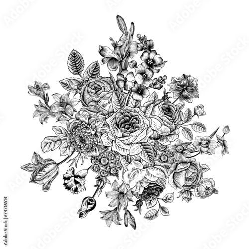 Fototapeta Naklejka Na Ścianę i Meble -  Floral card. Bouquet of roses, lily and anemone.