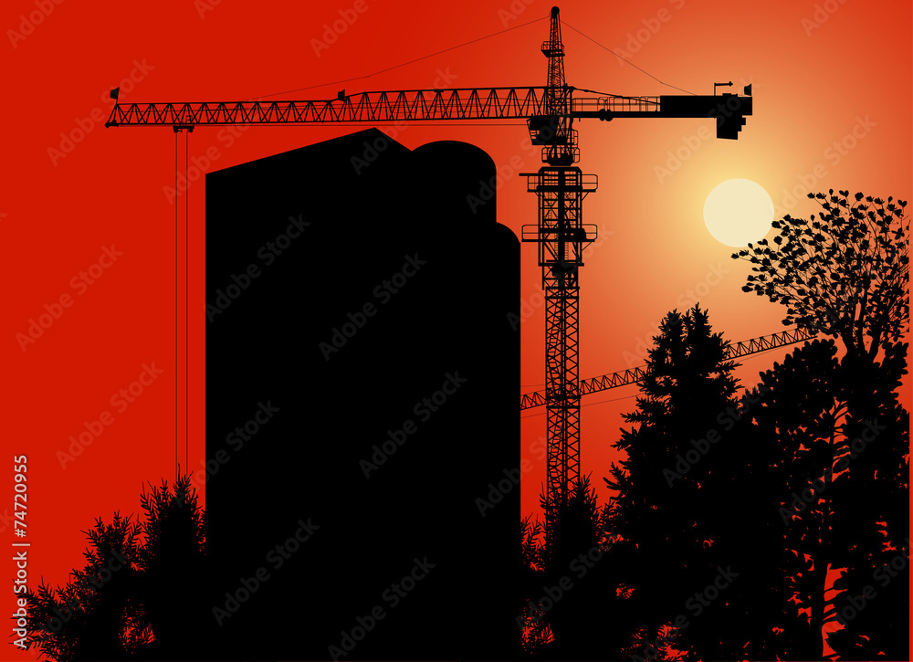 Naklejka premium high house building at red sunset