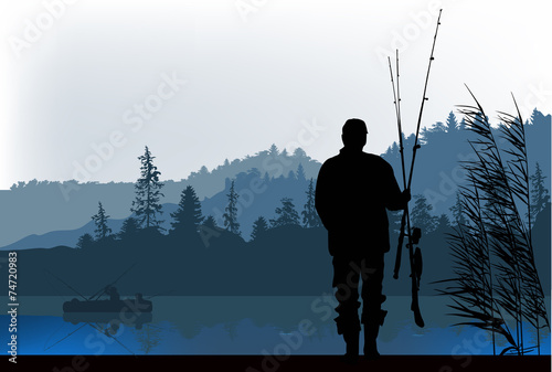 Fototapeta fisherman silhouette at morning