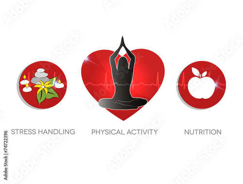 Healthy living advice symbols. Stress handling, physical activit