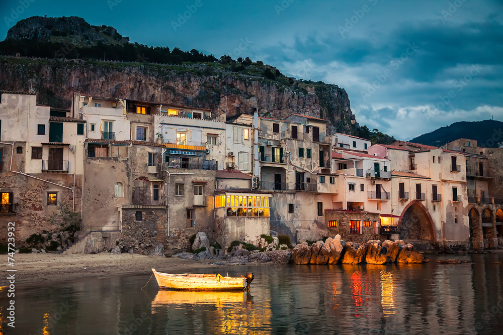 harbor view in Cefalu at dusk