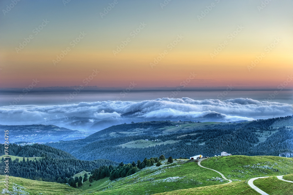 HDR view of sunset over cloud in Lessinia, Northern Italy