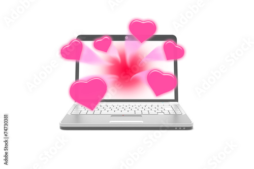 sweet hearts rush from laptop notebook,isolate background