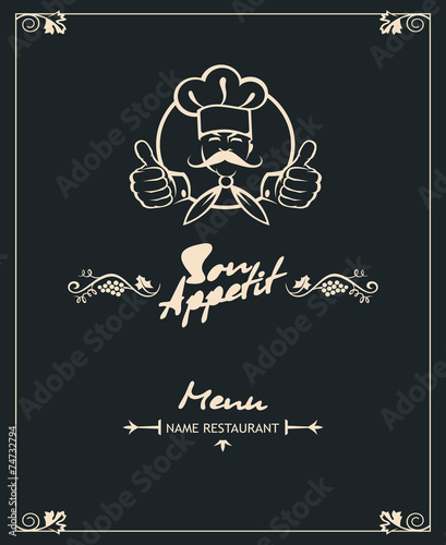 chef menu design on a black background, vector illustration