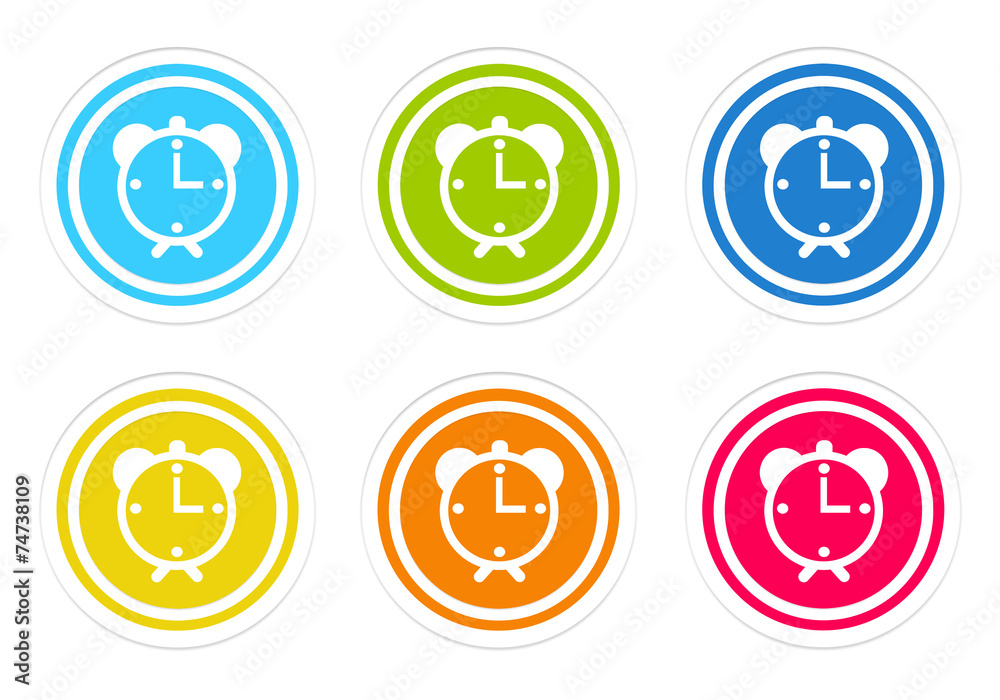 Set of rounded colorful buttons with alarm clock symbol Set of rounded colorful buttons with alarm clock symbol