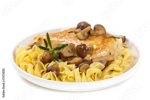 Chicken breast with Mushrooms and Pasta on white background