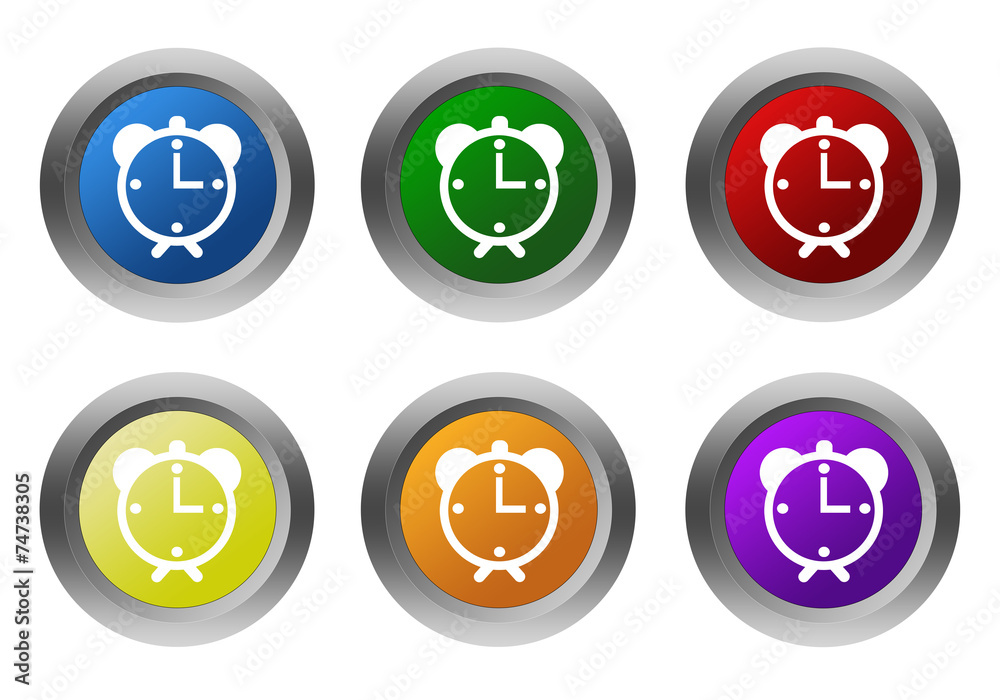 Set of rounded colorful buttons with alarm clock symbol Set of rounded colorful buttons with alarm clock symbol