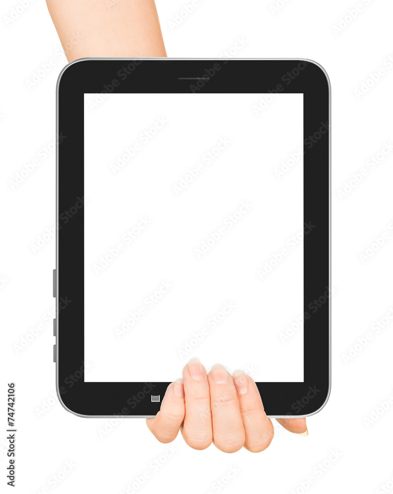 female hand using tablet pc with white screen, isolated female hand using tablet pc with white screen, isolated