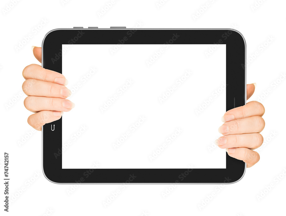hands holding tablet pc with white screen hands holding tablet pc with white screen