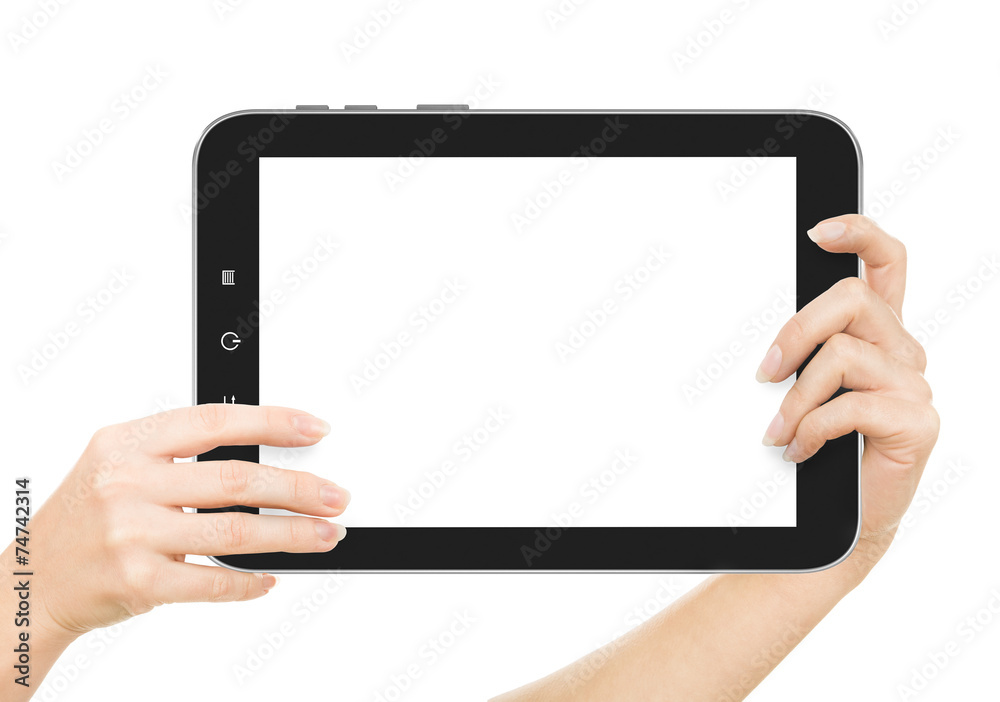 hands holding tablet pc with white screen