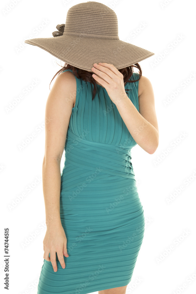 woman red hair green dress hat cover face woman red hair green dress hat cover face
