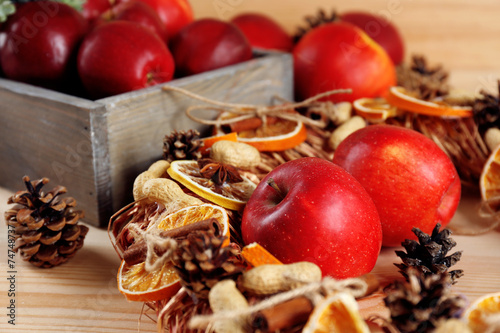 Christmas apples on wooden table