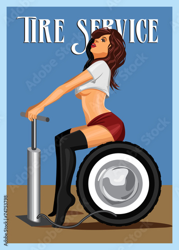 Young sexy girl in stockings pumps wheel. Illustration  retro