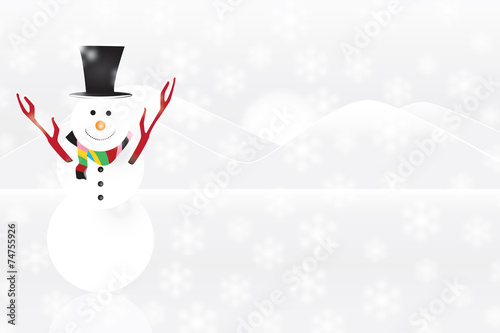 snowman with snow flakes and mountains