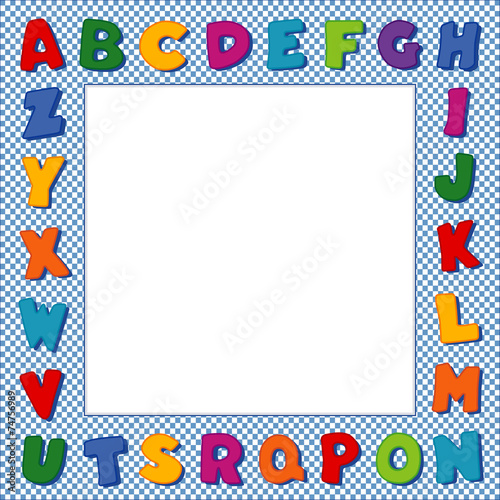 Alphabet Frame, square blue gingham check border, copy space