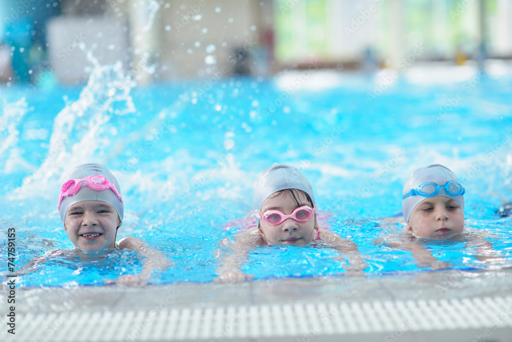 children group  at swimming pool - obrazy, fototapety, plakaty 