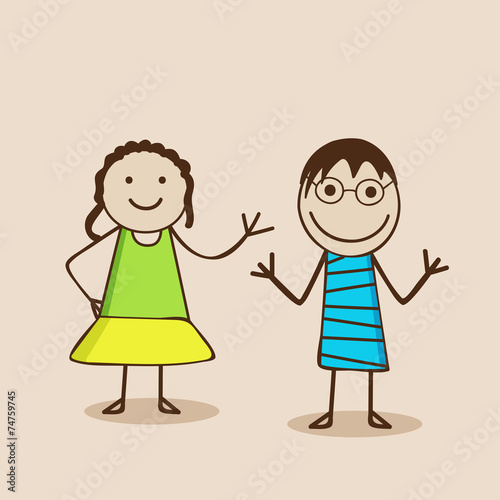 Cartoon of cute little girls in happy mood.