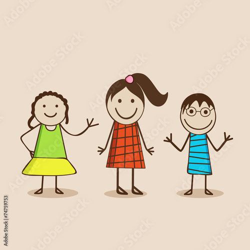Cartoon of cute little girls in happy mood .
