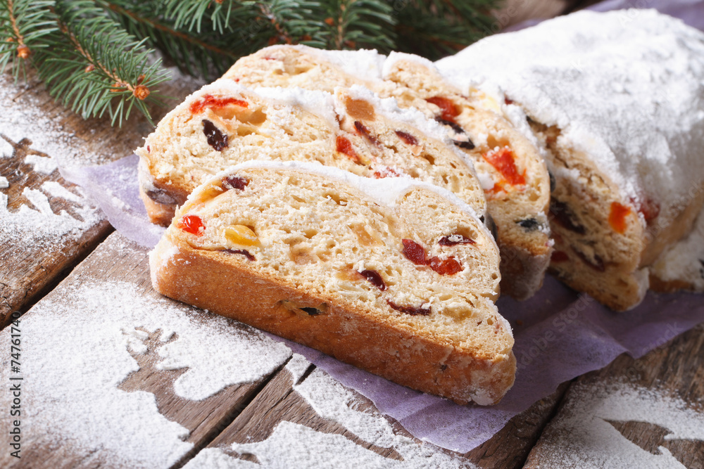 German Christmas cake Stollen with dry fruits and nuts horizonta