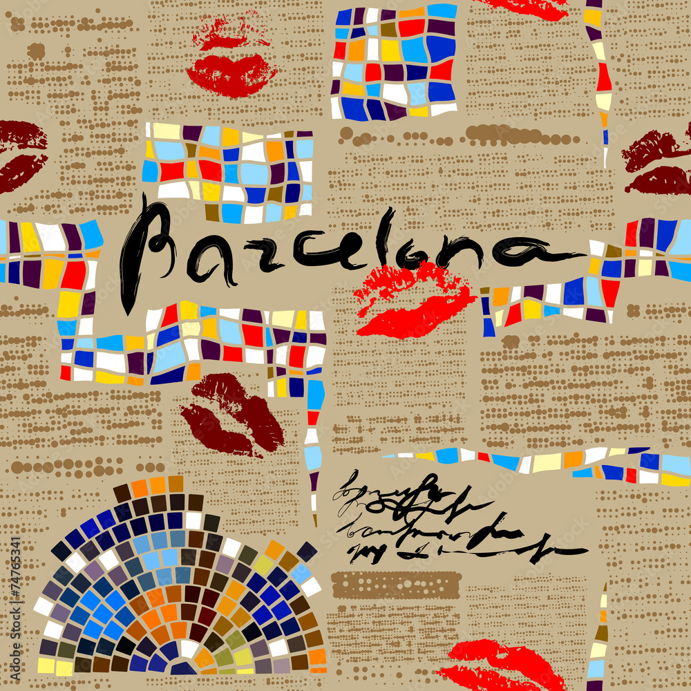 Fototapeta premium Imitation of newspaper Barcelona with mosaics.