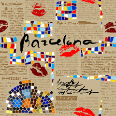 Wandcirkels Barcelona Vintage krantencollage Barcelona mozaïek  © kastanka