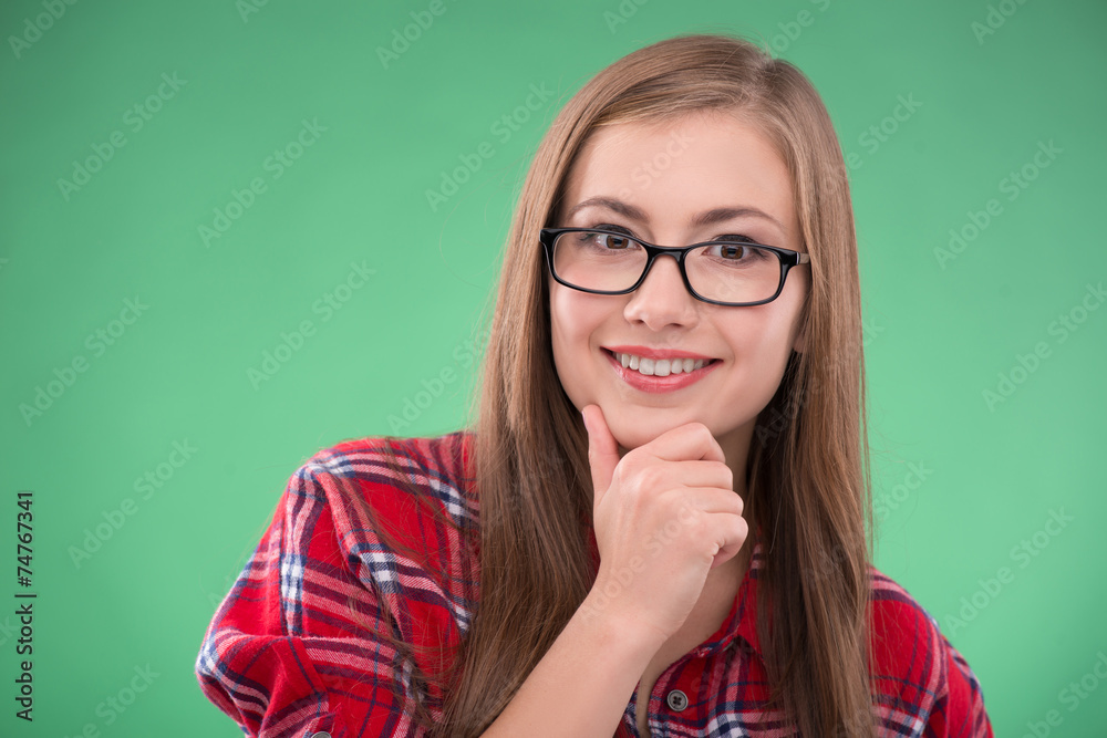Student girl on green background Student girl on green background