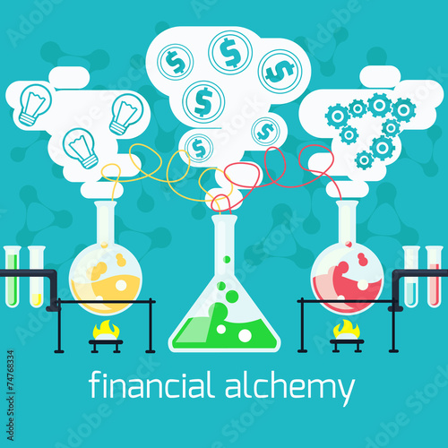 Alchemy generating money, ideas in laboratory