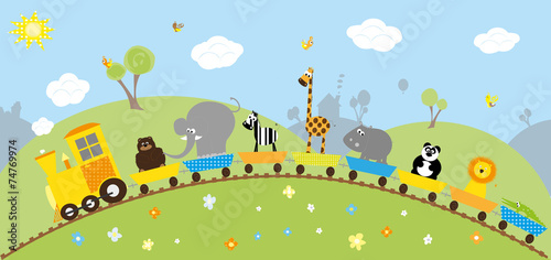 animals train  hills with buildings- vectors for kids