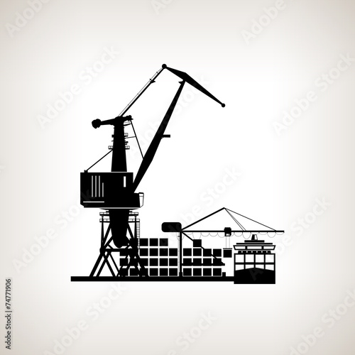 Silhouette cargo container ship with cargo crane photo