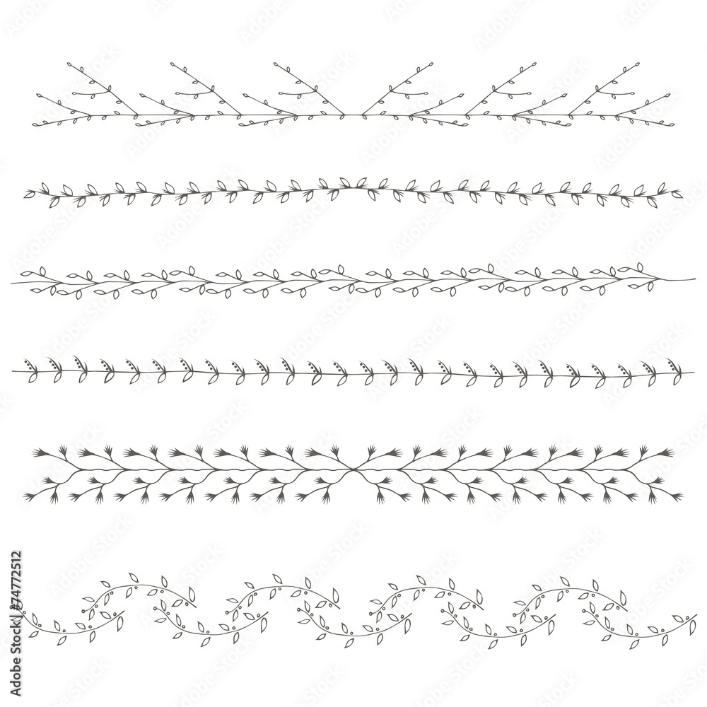Hand-drawn borders branches graphic design elements set