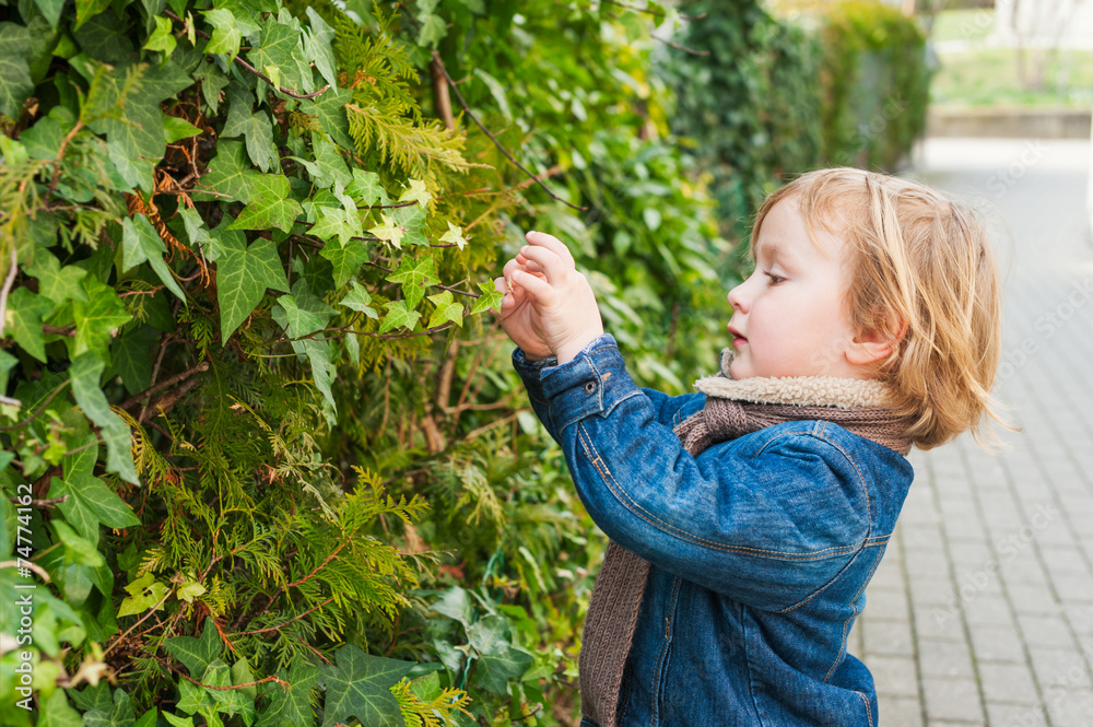 Adorable toddler boy playing with plants outdoors Adorable toddler boy playing with plants outdoors