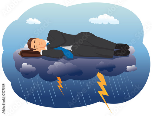 Businessman sleeping on a cloud with lightning