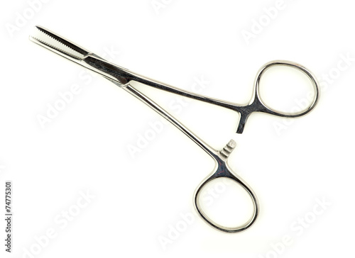 Top aerial view of surgical hemostat forceps in studio photo