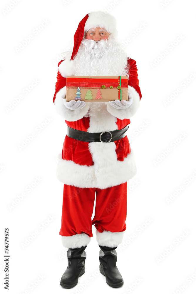 Santa Claus holding gift boxes isolated on white background Santa Claus holding gift boxes isolated on white background
