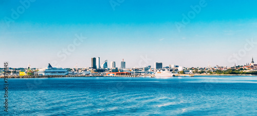 Panoramic Skyline Of Tallinn And Harbour, Coast, Port.