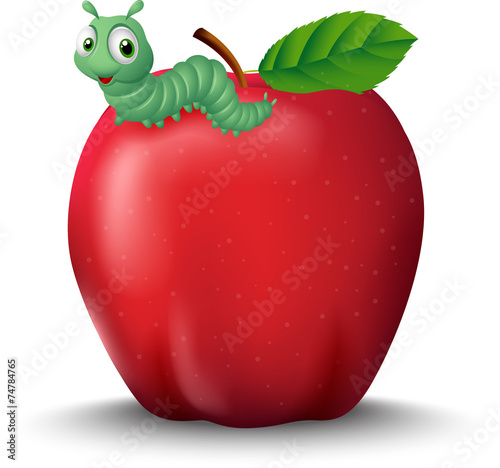 Cute cartoon caterpillar on red apple