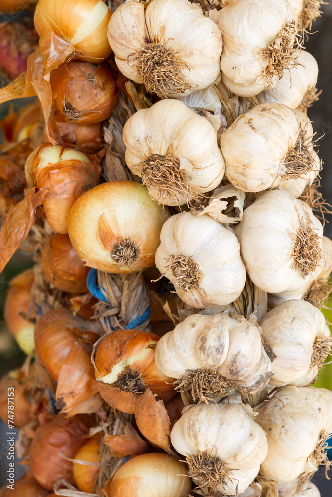 Hanging bunch bundle of onion and garlic clove Hanging bunch bundle of onion and garlic clove