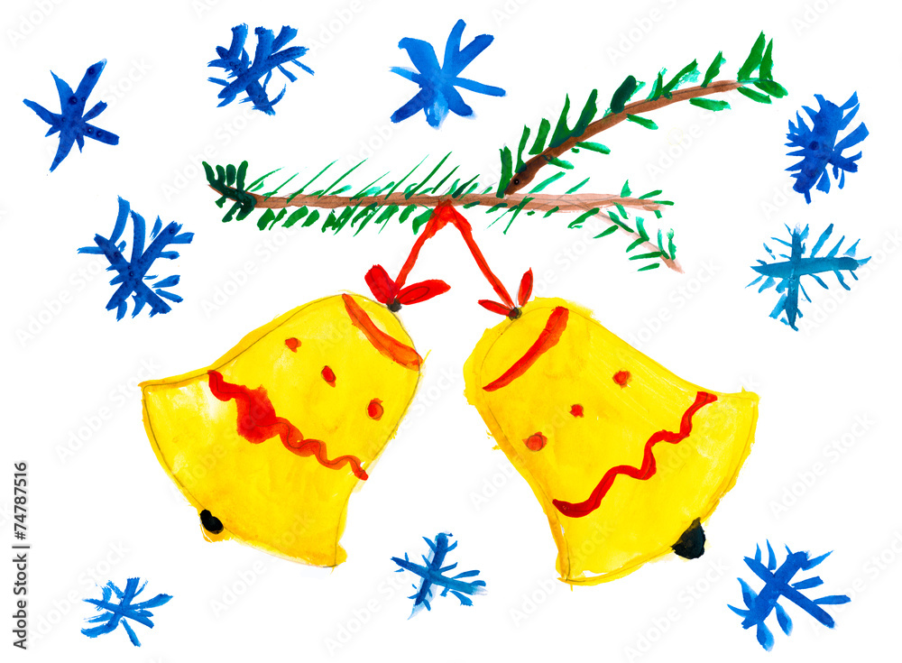 Fototapeta premium Christmas bell on tree with snowflakes. Child drawing.