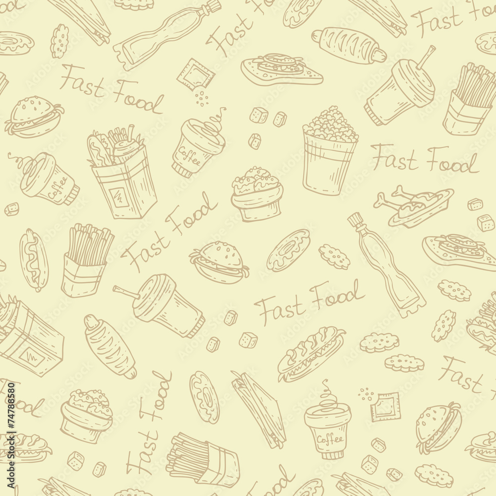Vector pattern with hand drawn fast food on beige background