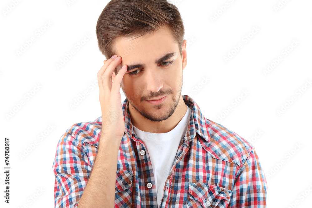 Young men have headache isolated on white Young men have headache isolated on white